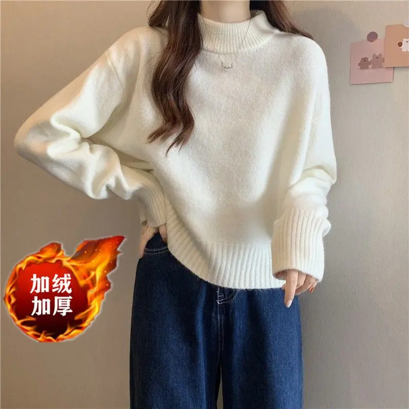 Áo Lớp Nền Dệt Kim, Cổ Giả Lót Lông Cừu, Dành Cho Nữ, Hàng Mới Về Mùa Thu Và Mùa Đông, Phong Cách Hàn Quốc, Nhẹ Nhàng Và Mềm Mại, Trắng Nếp, Dáng Rộng, Có Thể Mặc Bên Trong Áo Len Top