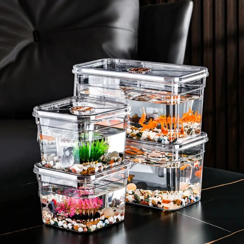 Portable Square/Rectangle Desktop Goldfish Bowl Broken Resistant Transparent Plastic Fish Tank Dustproof with Lid and Handle Turtle Tank For Home