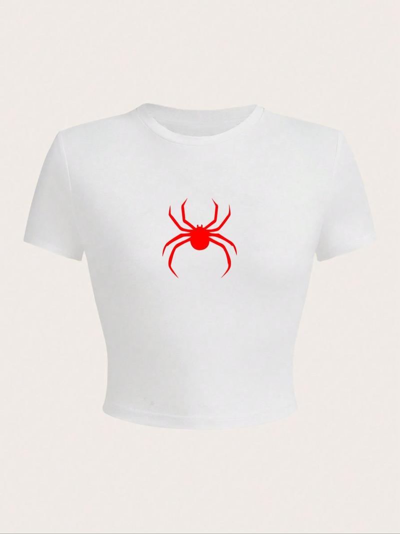 Product Introduction of Women's Spider Graphic Print Round Neck Crop Tee, Graphic Baby Tees Y2K Top, Casual Street Fashion Short Sleeve T-shirt for Summer, Ladies Clothes for Daily Wear 2