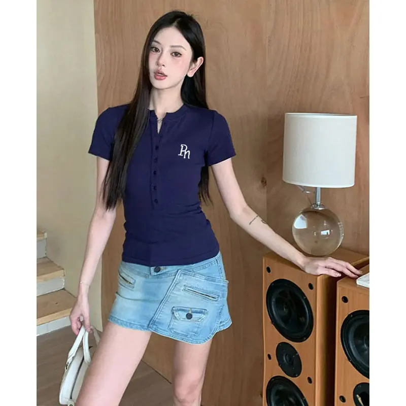 Áo thun nữ phong cách cơ bản Hàn Quốc nhỏ đứng cổ áo thun ngắn tay màu xanh hải quân đơn giản