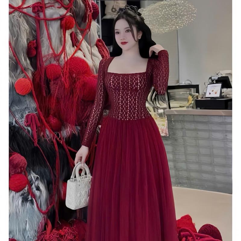 Đầm váy nữ len ren phối tùng lưới cổ vuông dài tay dáng dài xòe xinh xắn sang chảnh dành cho các nàng diện đi chơi,đi tiệc.  Women top 3