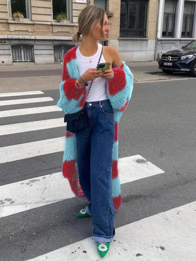 Product Introduction of Women's Colorblock Long Sleeve Sweater Cardigan, Casual Fashion Long Cardigan for Spring & Fall, Fashion Women's Knit Clothing for Daily Wear 5