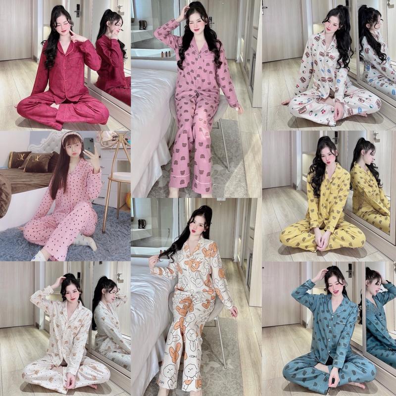 Đồ Bộ Pijama Chất Nhung Tăm Hình Mới Mềm Nhung Mịn Mướt Mặc Mùa Thu Đông Cho Nữ Women Áo Top Nữ Áo Ngủ Quần Ngủ Áo Top Hoa Nhí Tim Nhí Thỏ Nhí Gấu Nhí Xinh Xinh