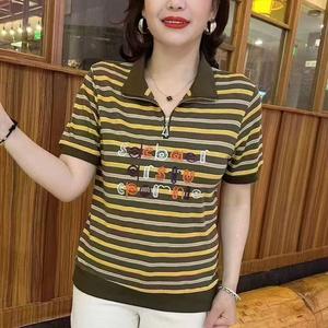 New Version Stripe Hooded T-Shirt Women Plus Size Hoodie Tops Mom Summer Basic Shirt Women'S Loose Short Sleeve Top