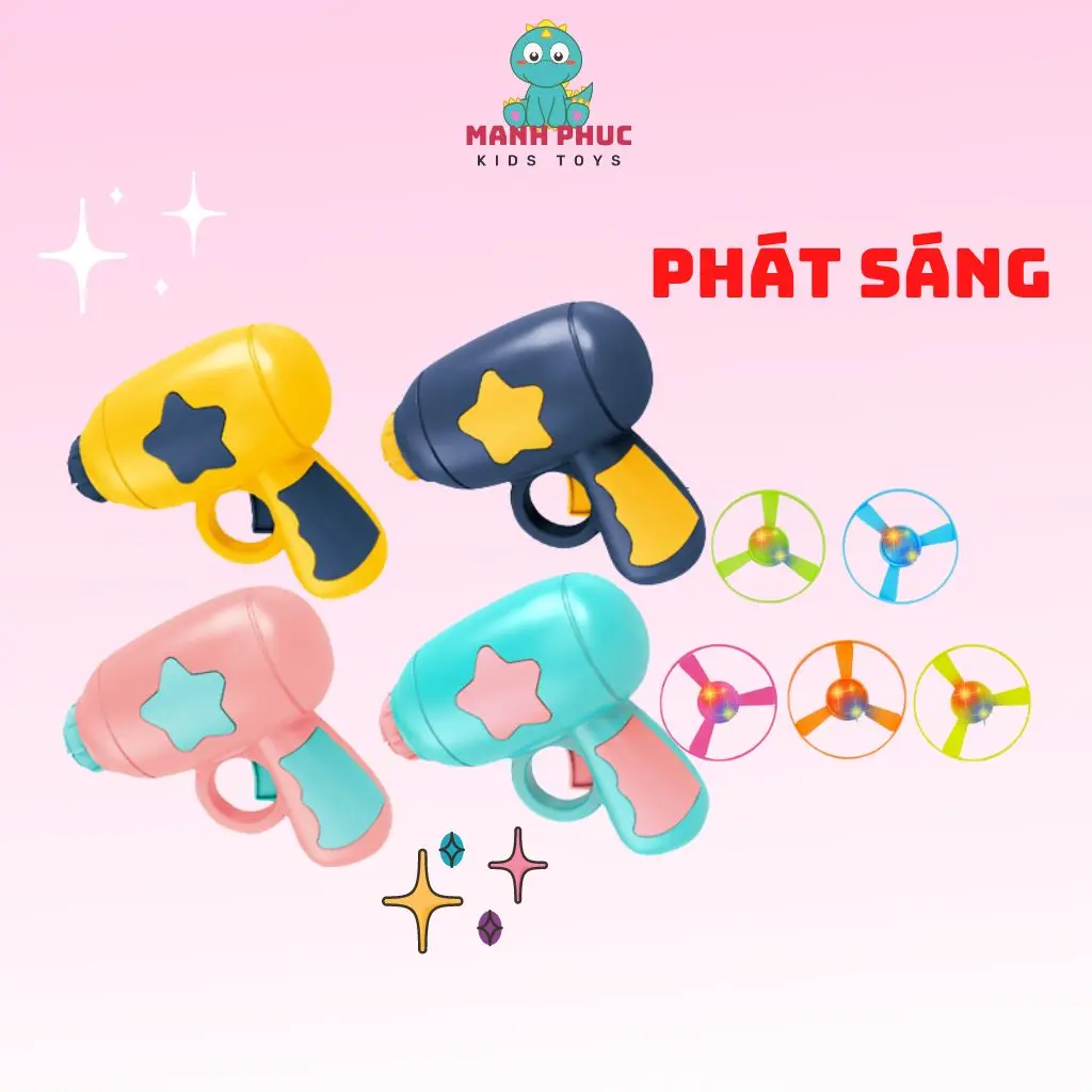 Đồ chơi bắn chong chóng, con quay phát sáng nhiều màu sắc, gồm 1 máy bắn, 1 con quay, 1 đĩa bay phát sáng, 4 đĩa thường