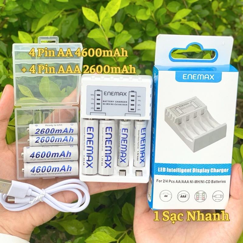 [Rẻ Vô Địch] Bộ Sạc Enemax gồm 1 Sạc nhanh kèm dây và 4 pin AA 4600mAh+4 pin AAA 2600mAh dùng cho mic,máy đo huyết áp, cửa vân tay,điều khiển v.v