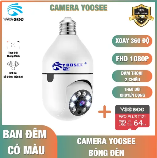 Camera Yoosee PTZ bóng đèn FHD 1080p Rõ nét, Có đèn Led chiếu sáng ban đêm, Xoay 360đ, Đàm thoại 2 chiều