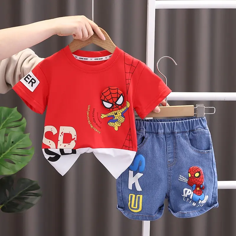 2 PCs Spiderman cartoon cotton T-shirt and boy summer fashion denim shorts