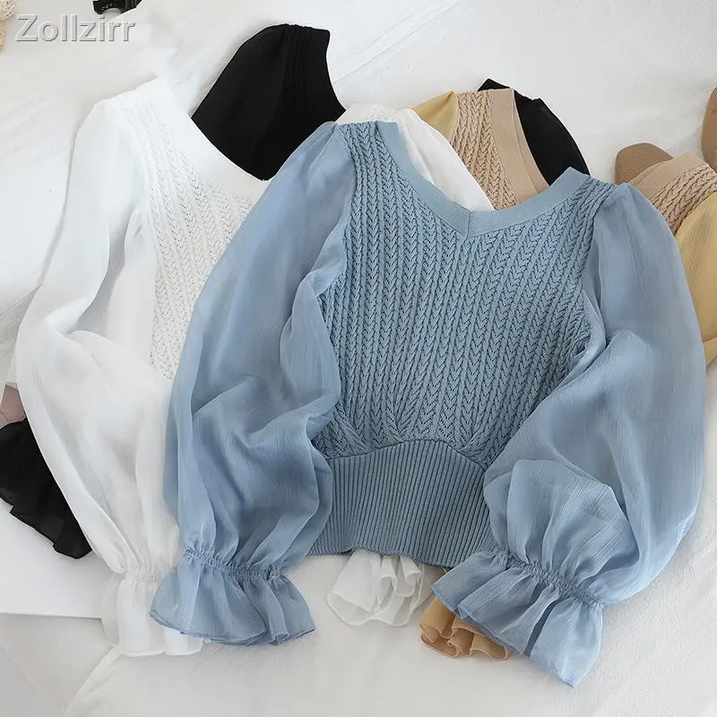 T Shirt Wanita Rajutan Chiffon Top Longgar Lentera Lengan Chiffon Dijahit Atas V-Neck cardigan  korea maudy  sweater 0
