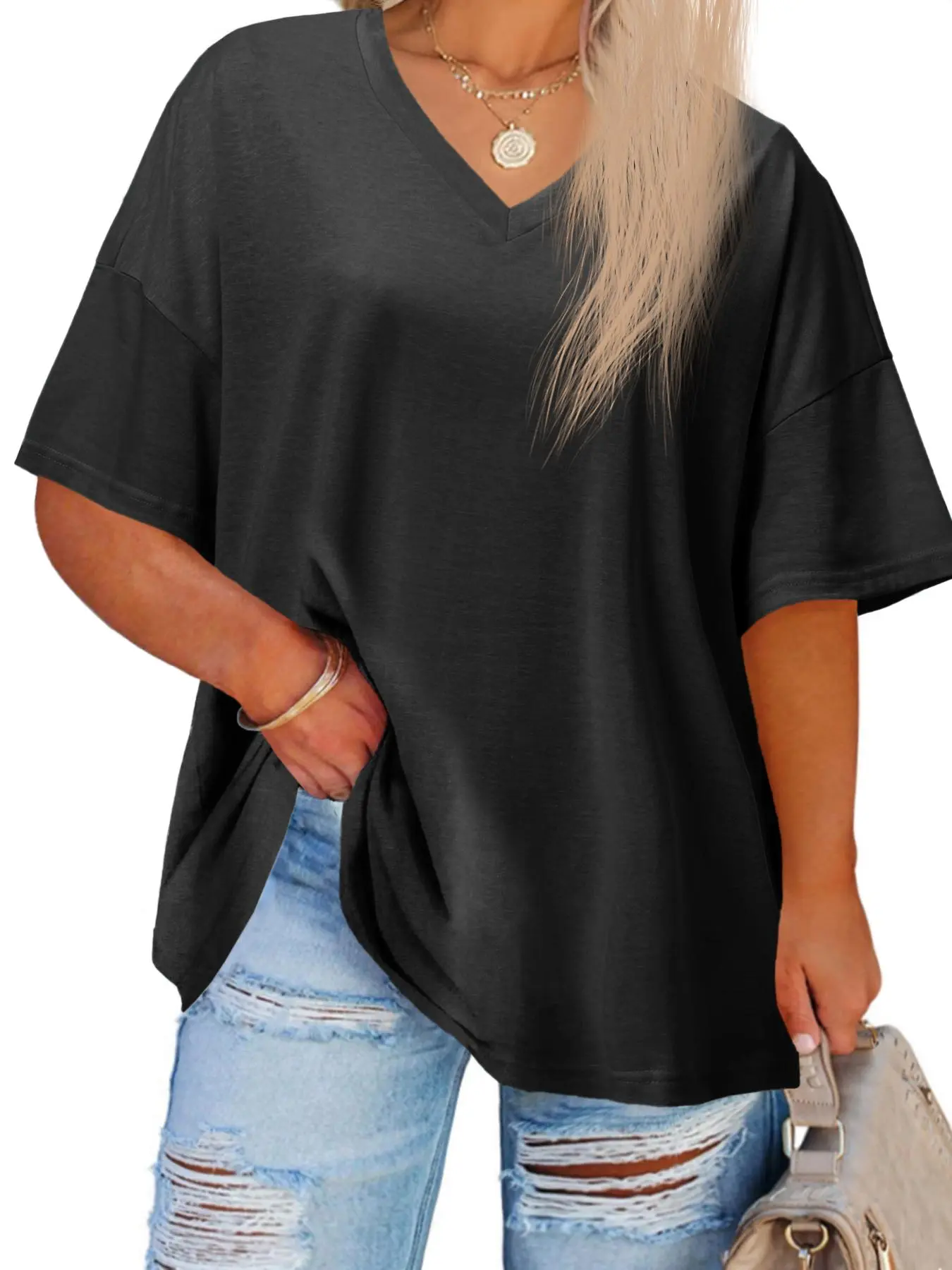 【Plus Size】 Plain V Neck Drop Shoulder Half Sleeve Tee, T Shirts for Women, Summer Tees, Summer Vacation Tops, Hide Tummy, Casual Basic T-shirt, Women's Clothing for Daily Wear, Back To School, T Shirts for Women, White Tshirt Women, Tops for Women