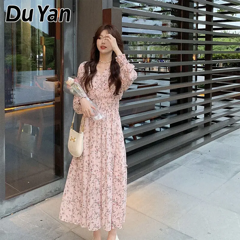 SS24 Korean style long sleeve dress, v-neck floral chiffon dress