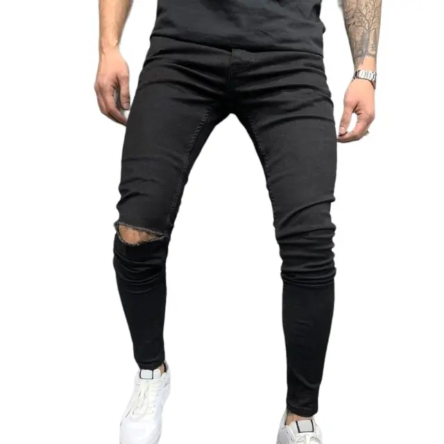 Celana jeans sobek skinny Hitam Slim-fitting Lembut Panjang Nyaman