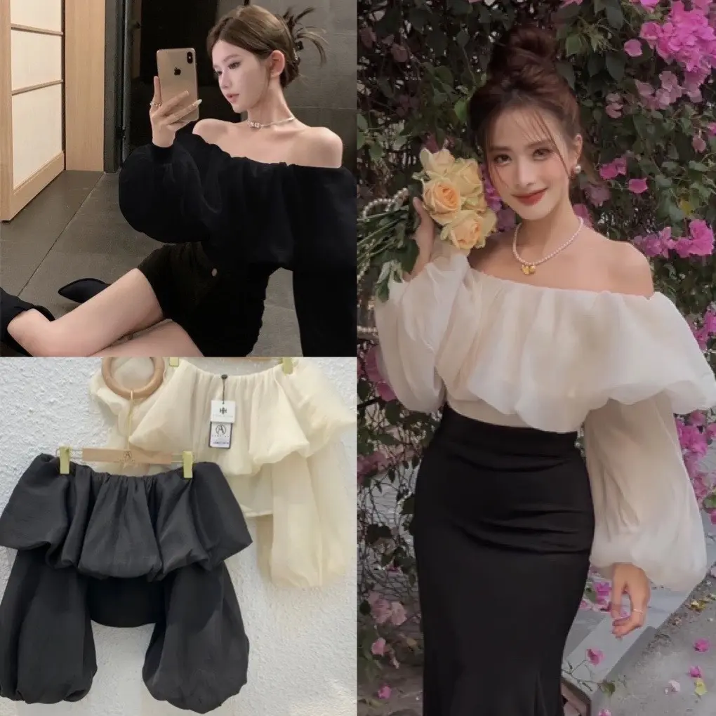 Áo trễ vai tay bồng bo chun dáng croptop chất voan tơ 2 lớp trắng đen, Áo nữ kiểu hàn quốc hở vai hàn quốc, CONAN SHOP