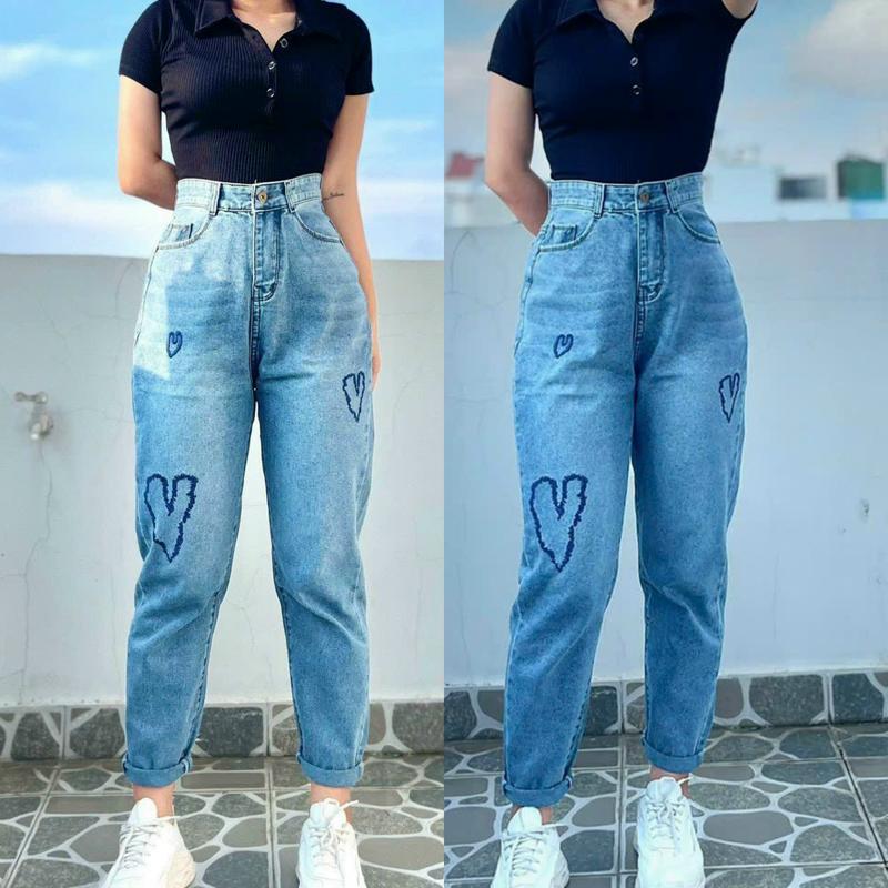 Quần Jean Baggy Nữ  Big Size 55-90kg, Xanh Đá Thêu Trái Tim 0018, Lưng Siêu Cao, Không Dãn, Dài 98cm Pants Women