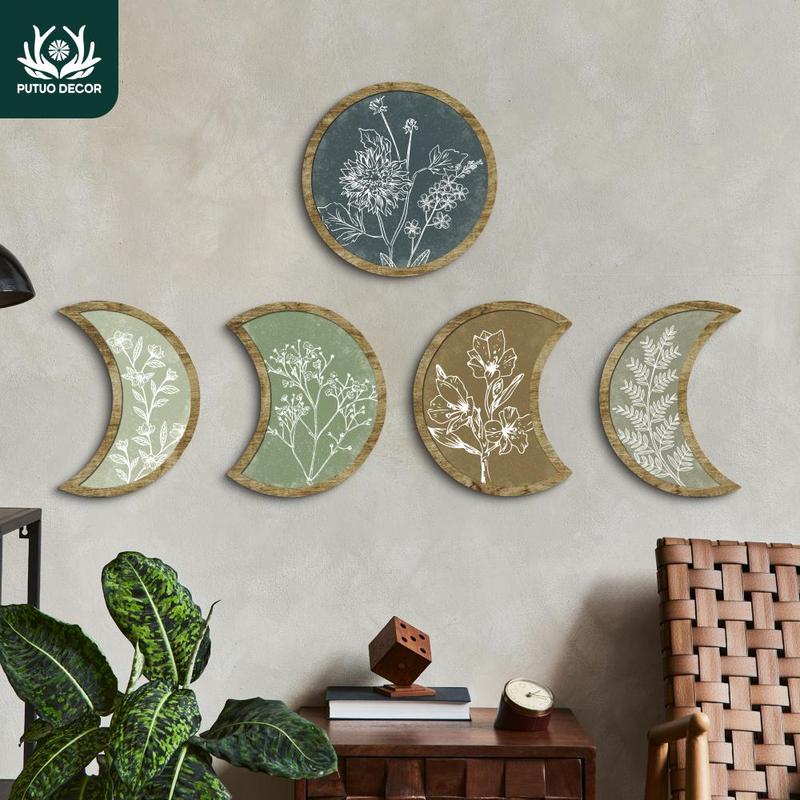 Moon Shaped Wooden Hanging Decor, 5 Counts/set Wall Art Decor for Home ...