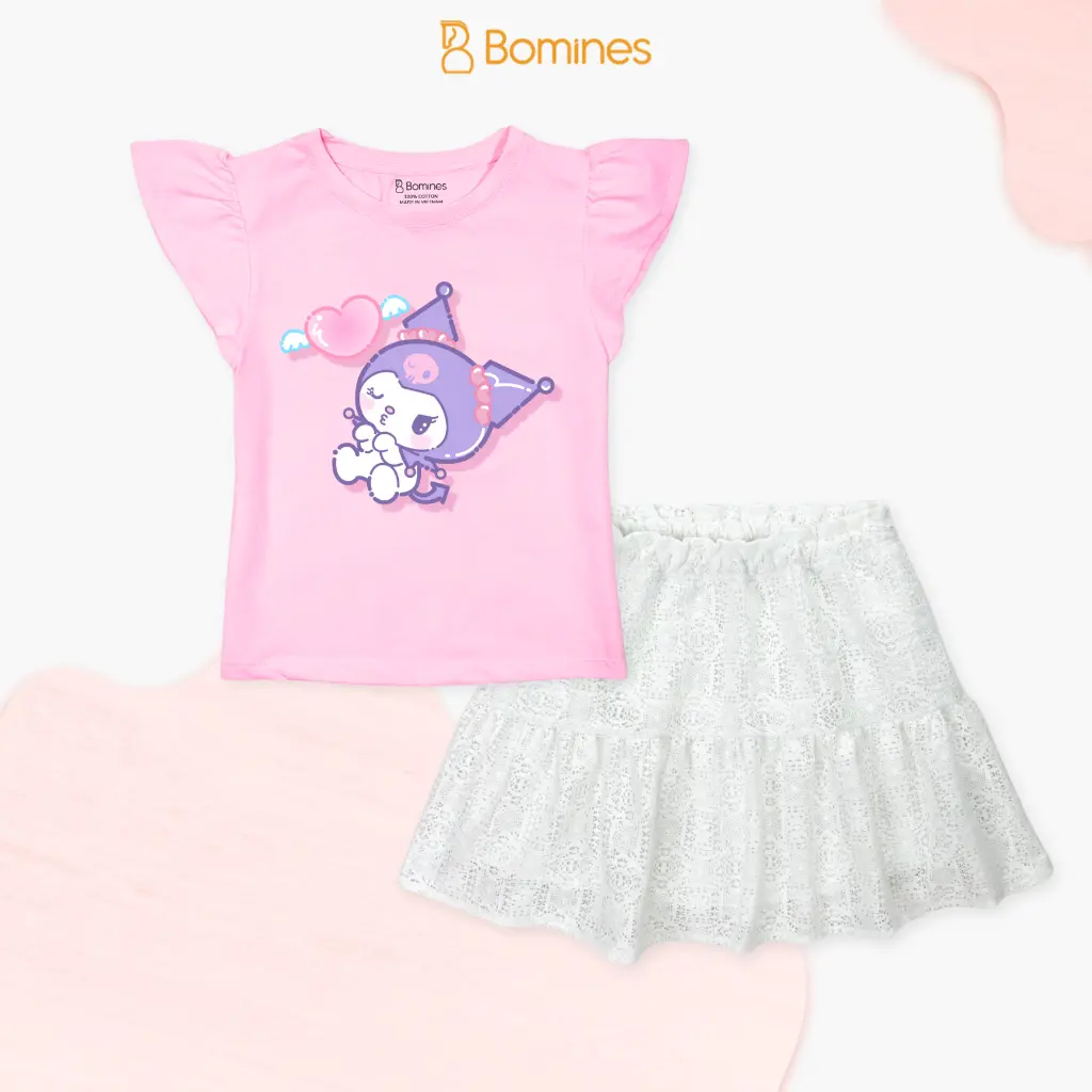 Set chân váy bé gái Kuromi Bomines, bộ áo chân váy Cinnamoroll Sanrio dễ thương cho bé 3-12t, 13-36kg SETCVTAYBEO