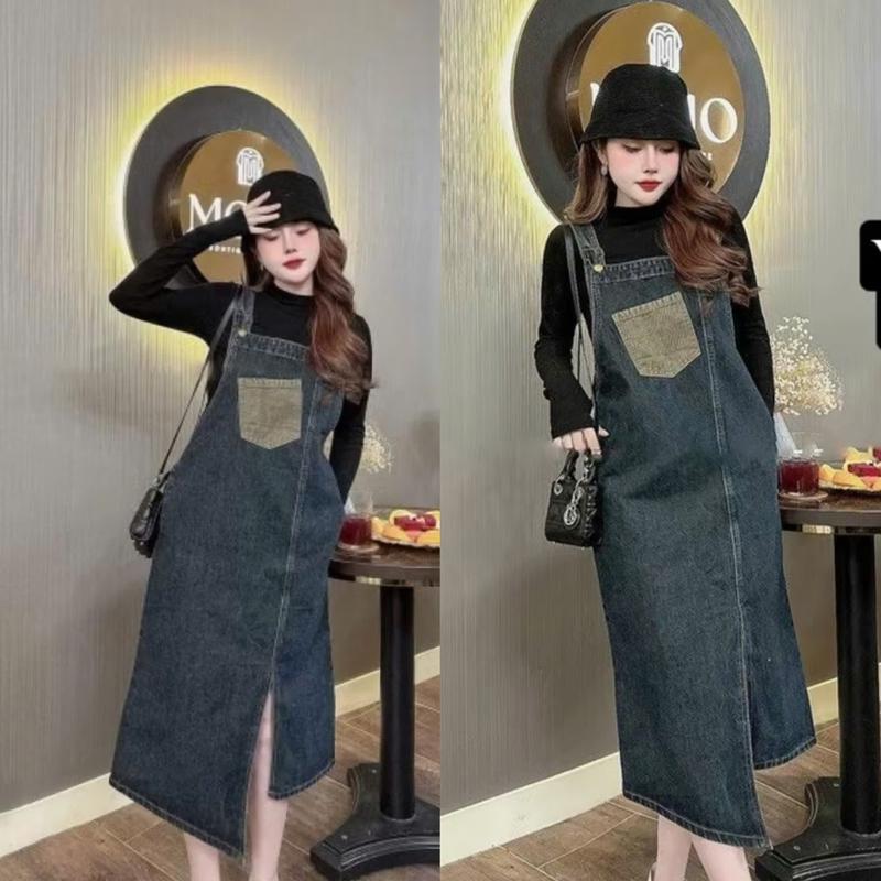 Moli Jeans - Yếm Váy Bò nữ dáng Dài BigSize cute dễ thương 4506 thời trang Hàn Quốc đáng yêu 55-90kg Đầm Cotton Women Dress chân váy 2 dây - Xanh Đậm Voi