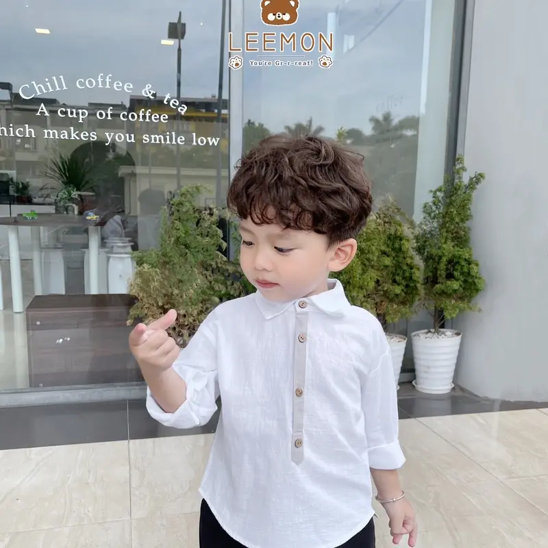 Áo sơ mi dài tay đũi phối khuy hai màu cho bé trai 0