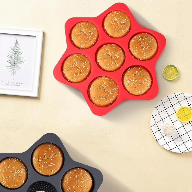 7-cavity Hamburger Bread Mold, 1 Count Non-stick Heat Resistant Burger Bun Mold, Homemade Burger Bun Mold for Home Kitchen Baking House 7