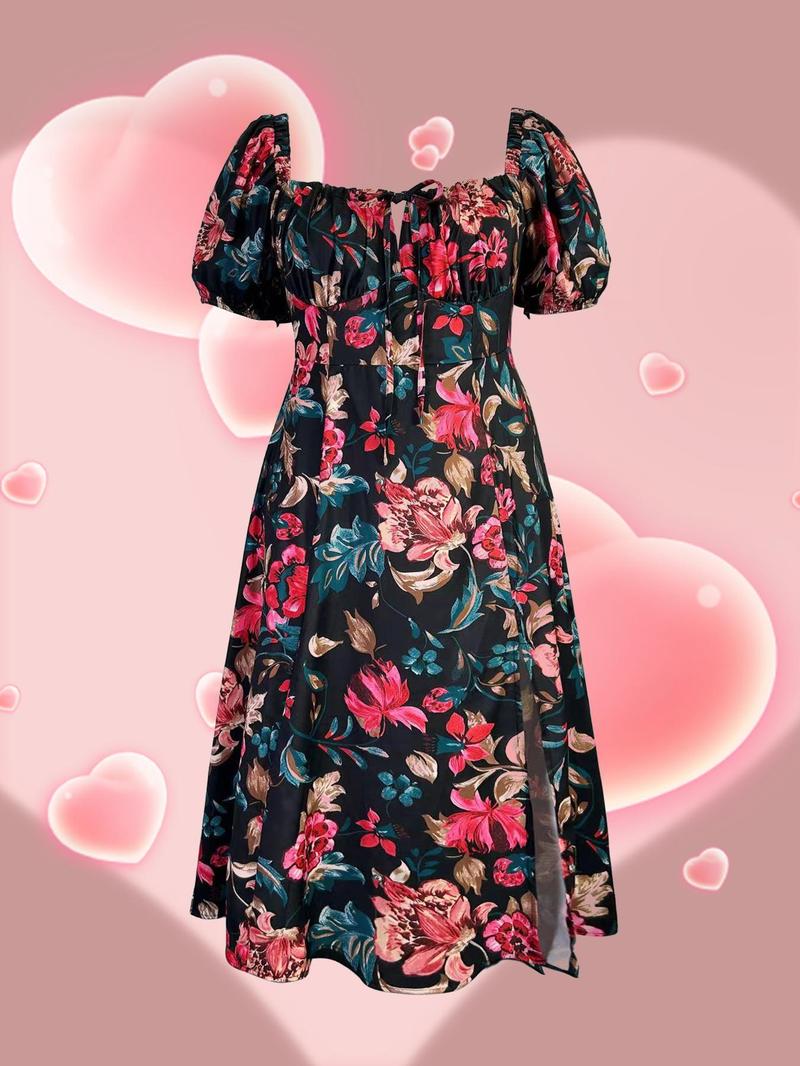 Product Introduction of Back To School Womenswear Plus Size Fruit Print Puff Sleeve Dress, Casual Wear Shirred Split Thigh A Line Dress for Daily Holiday Vacation Wear, Chic Dresses for Women, Women Plus Clothing for Summer,  Clarasummers14 Dress 20