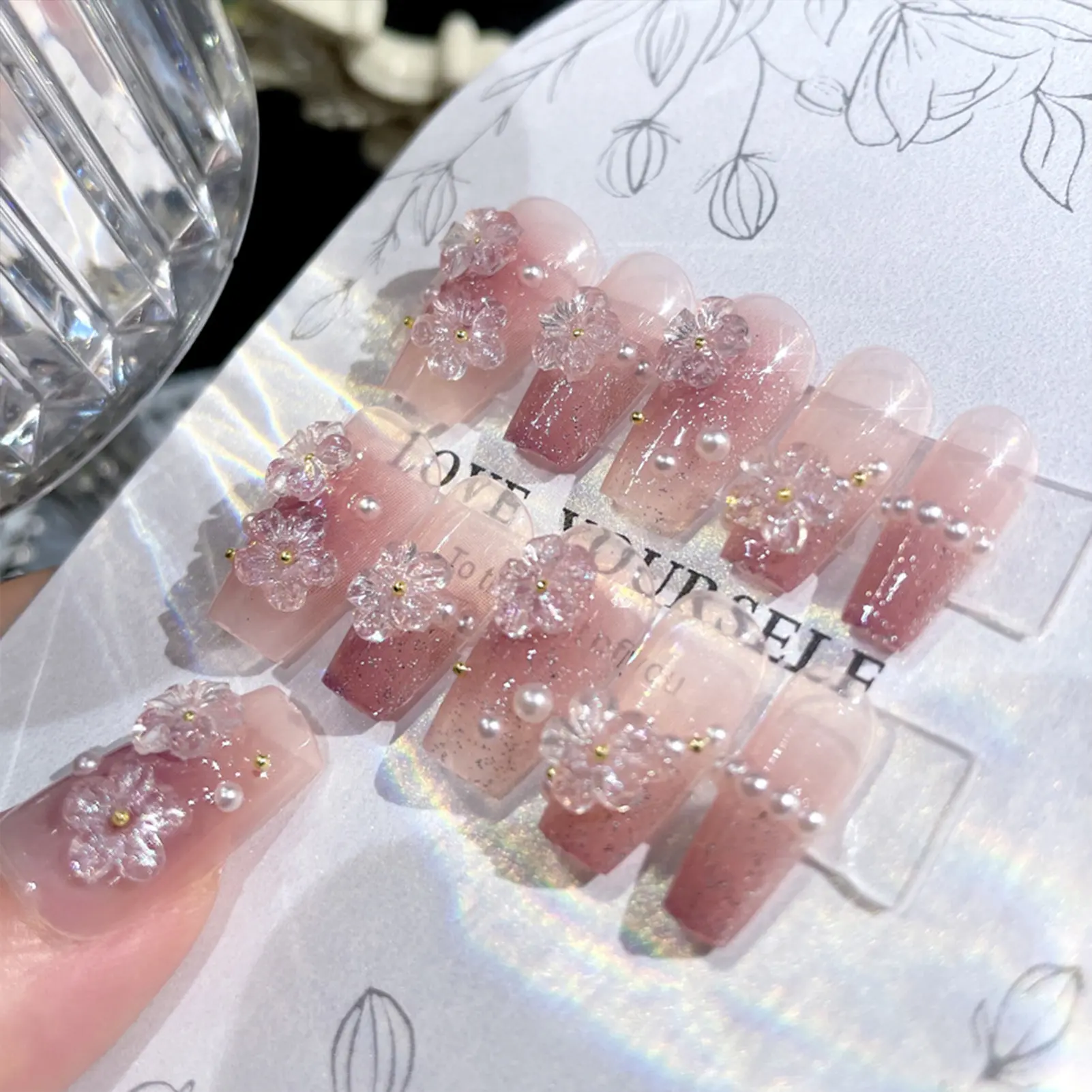Clear Blush Pink Pearl Decor Fake Nails Durable & Never Splitting Comfort Fake Nails for Stage Performance Wear