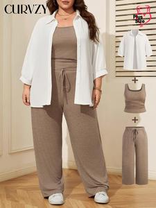 【Plus Size】Three-Piece Set CURVZY Solid Color Set, Casual Long Sleeve Button Front Outerwear & Tank Top & Wide Leg Pants Set, Women's Spring & Fall Clothes
