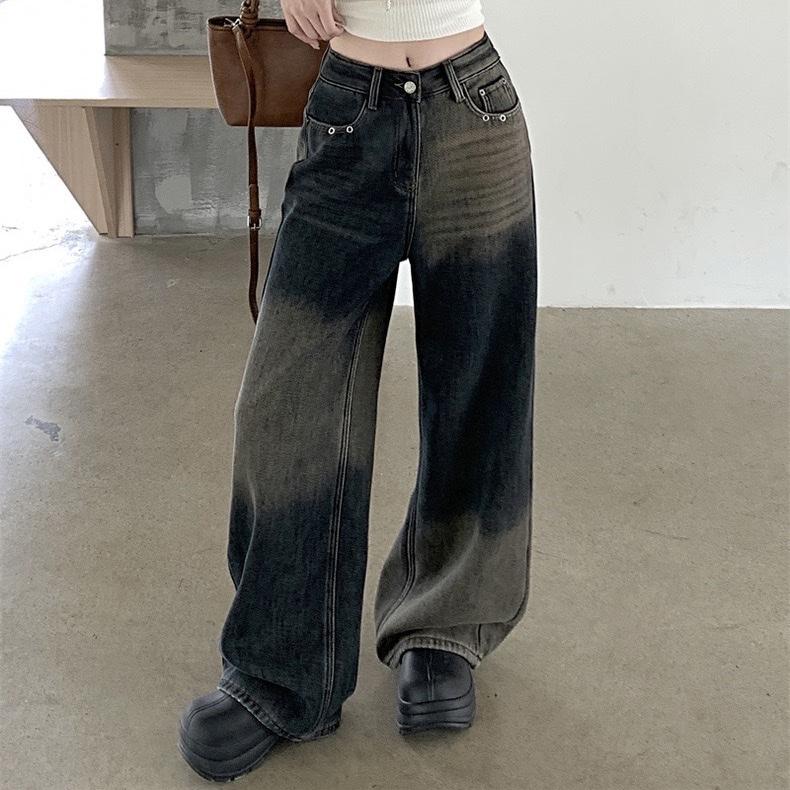  Quần jeans nữ ống suông vải Qc phối màu loang kiểu  S-XL  Q1345 dài 105cm 