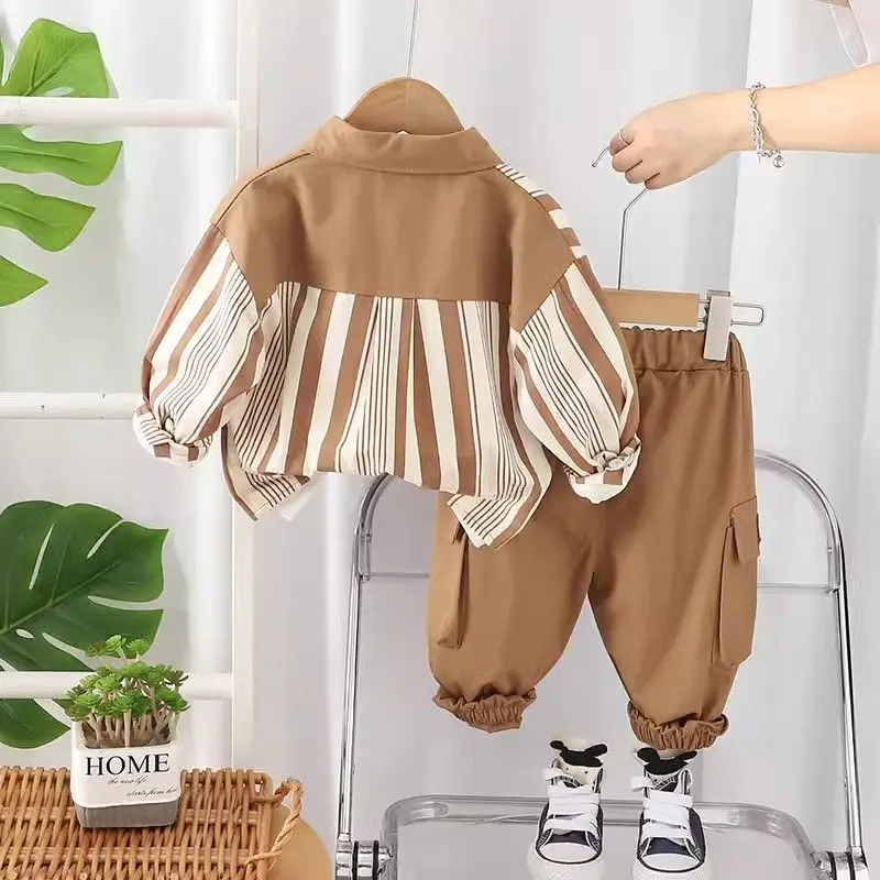 Bộ Quần Áo Trẻ Em, Áo Sơ Mi Bé Trai, Bộ Sưu Tập Mới 2024, Thời Trang Trẻ Em, Thích Hợp Cho Mùa Xuân Và Mùa Thu, Tay Dài Đẹp Trai Phong Cách Hàn Quốc, Bộ Đồ Hai Mảnh 3