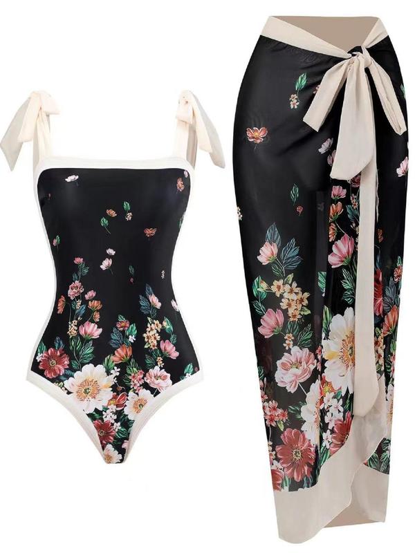 Women's All Over Print Knot Swimsuit Set, Boho Wrap Skirt & Sleeveless Bodysuit, Chic Swimwear For Beach Vacation, Bikini Sets, Ladies Summer Clothes 4