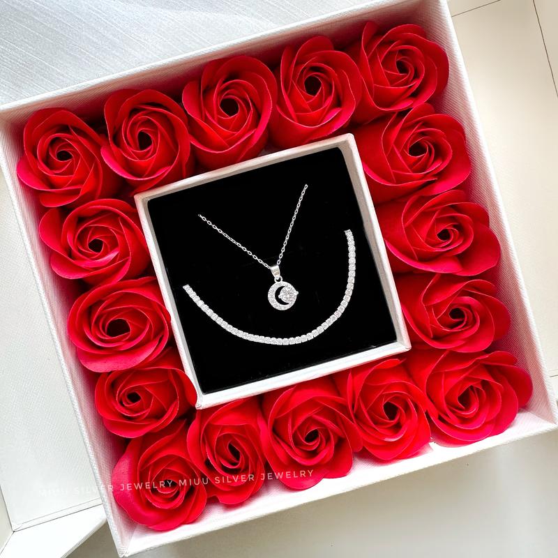 [Tặng 1 nước rửa bạc] Quà tặng người yêu, hộp hoa hồng kèm trang sức bạc 925 dây chuyền, lắc tay Miuu Silver