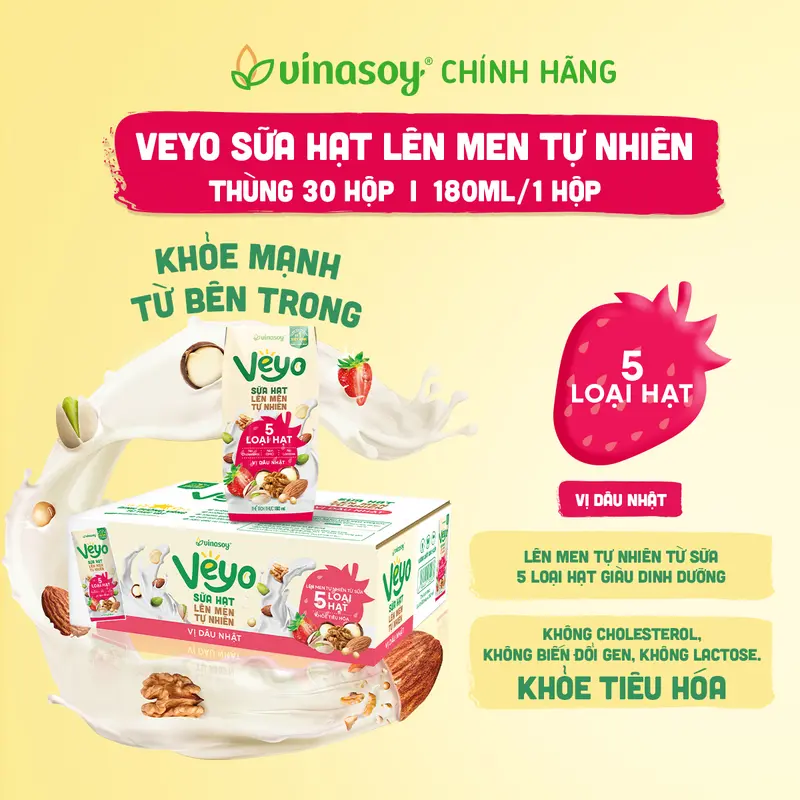 Thùng Veyo Sữa hạt lên men tự nhiên Vị Dâu Nhật (30hộp x 180ml) 0