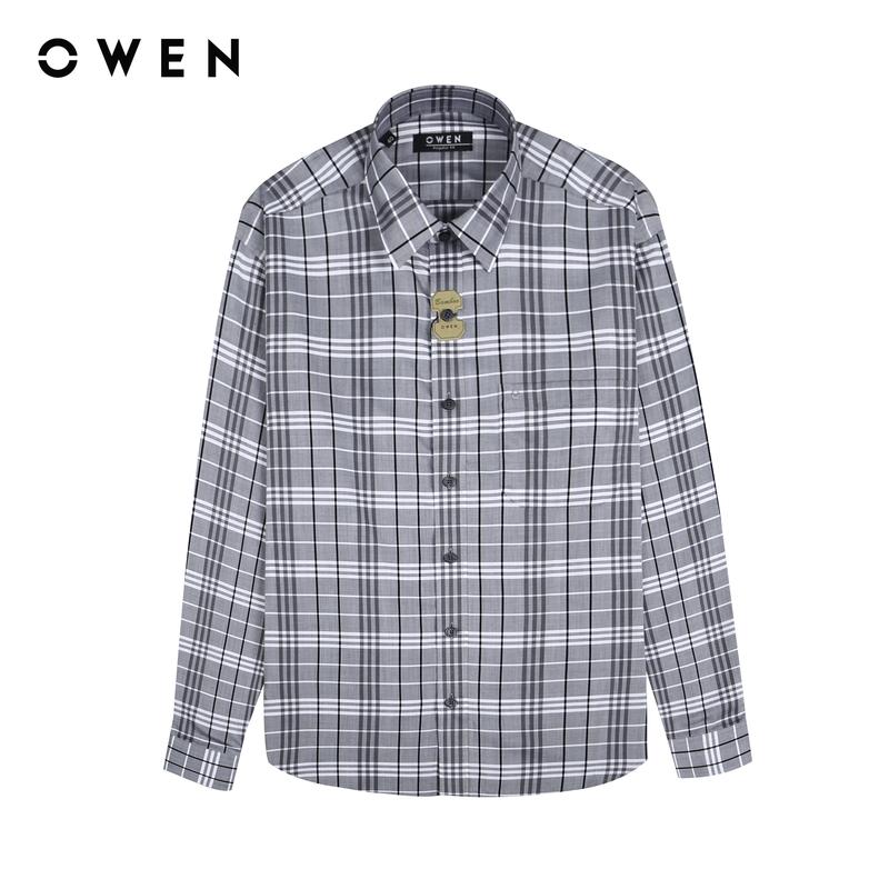 OWEN - Áo sơ mi Nam dài tay Có Cổ Regular Fit - AR230636DT Màu Ghi - Chất liệu 50%Bamboo50%Polyester Hoạ tiết Kẻ caro Menswear