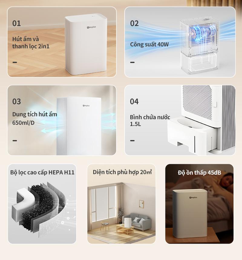 Product Introduction of SimplusVN Máy Hút Ẩm và Lọc Không Khí PM2.5 CUSH005, Công Suất Hút 650ml/ngày,  Bình Chứa Nước 1.5L, Vừa Hút Ẩm Trời Nồm, Vừa Lọc Không Khí, Bụi Mịn, Bảo hành 1 năm chỉ đổi không sửa 12