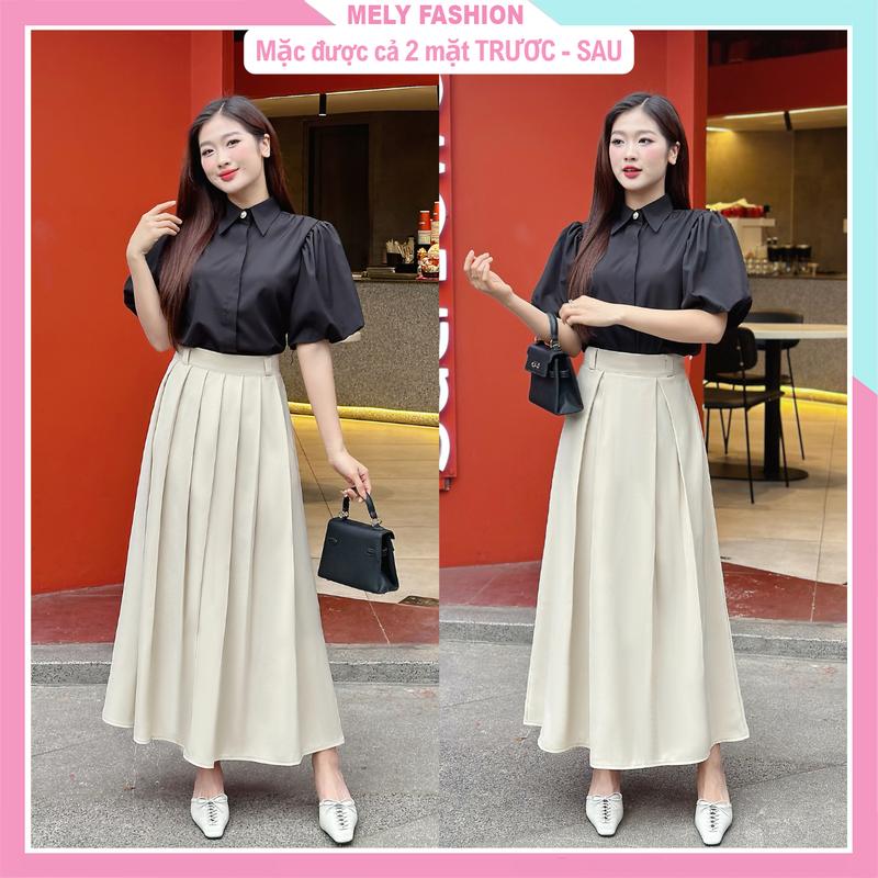 Chân váy xếp ly dáng dài midi 90cm xòe chữ A bồng bềnh mặc 2 mặt Ulzzang hàn quốc douyin Vintage y2k be đen nữ women Mely Fashion CV90