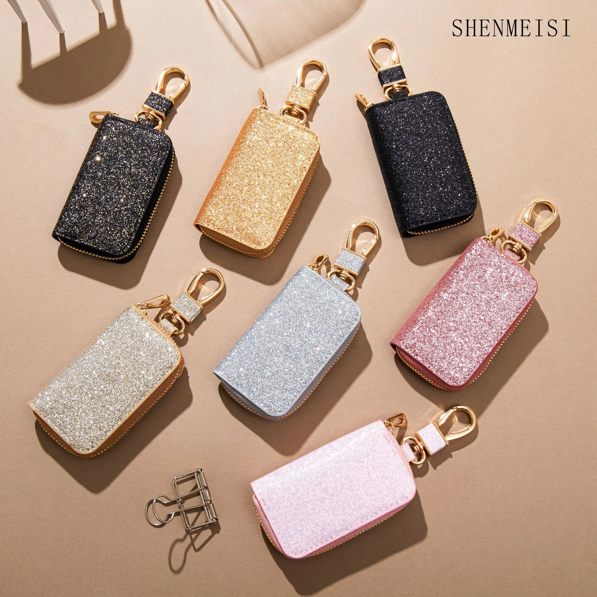 Mini Car Key Case Unisex Car Key Storage Bag Creative Star Shiny Leather Pendant Key Ring