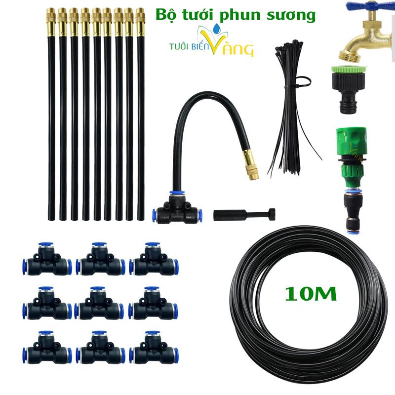 Bộ tưới phun sương đầy đủ cho vườn rau cây cảnh với 10 béc tưới đầu đồng điêu chỉnh được có thể uốn cong hoặc xoay 360 độ kèm ống và phụ kiện sử dụng áp nước máy trực tiếp vừa vòi nước ren 21 27mm voi tuoi