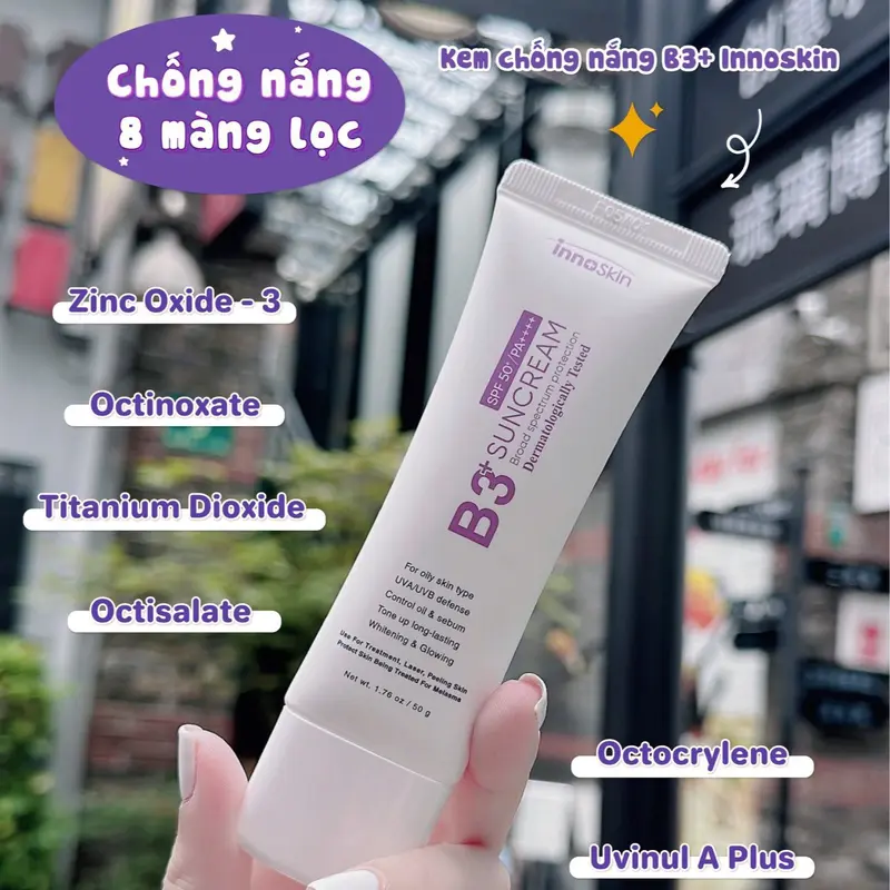[RRR] [Innoskin] V11 - 1 tuýp kem chống nắng innoskin B3 tím (bản kiềm dầu) tặng 5 mask whitening Hàn Quốc 6