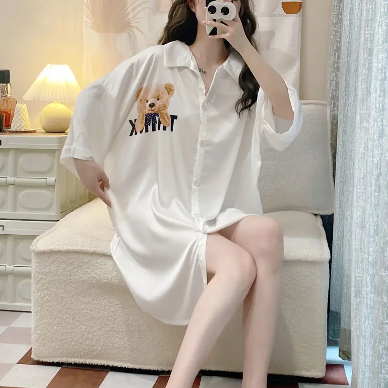 Váy Ngủ Mùa Hè, Áo Sơ Mi Trắng ngắn Tay Lụa Lạnh Cho Nữ, Đồ Mặc Nhà Mỏng Ngọt Ngào Đồ Ngủ Nữ Gợi Cảm, Hàng Mới Về 2024 Dress 6