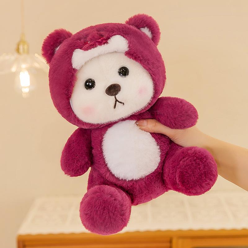 Gấu Bông Lena Cosplay Mũ Gấu Dâu, Teddy mặc đồ Lotso, Hàng Hot Lông Siêu Mịn