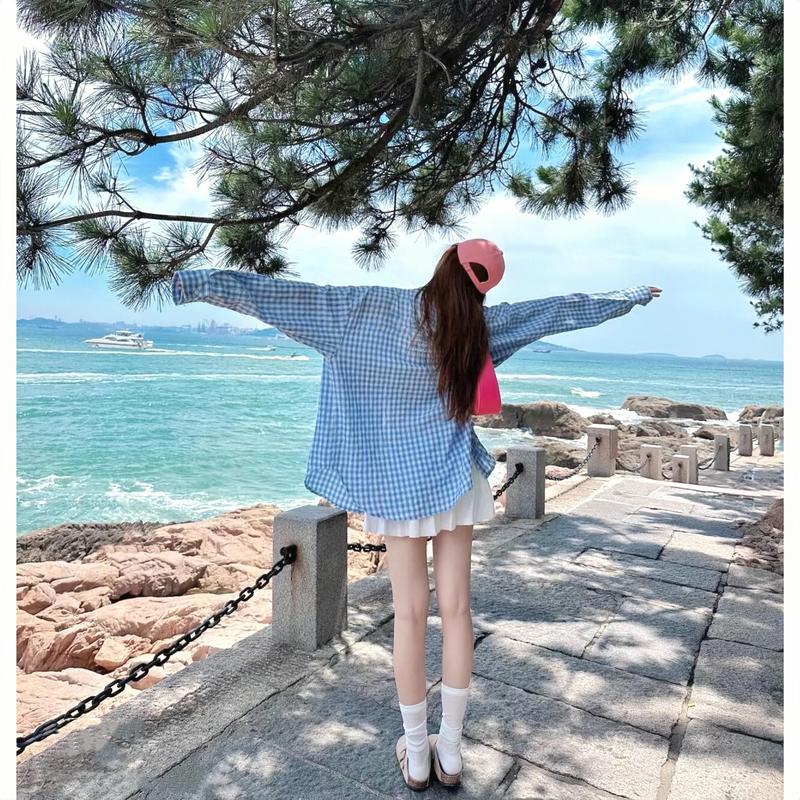 XẢ KHO NGHỈ BÁN Áo sơ mi kiểu nữ chất đũi cotton họa tiết kẻ ô vuông form rộng dài tay mùa hè Hàn Quốc Kozoda SM312 Top Women