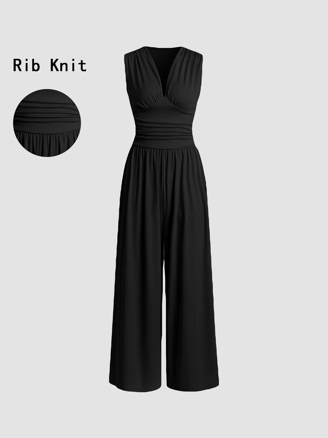 Women's Plain Ruched Deep V Neck Wide Leg Jumpsuit, Sleeveless Ribbed Jumpsuit for Daily Wear, Ladies Clothes for All Seasons, Casual Basic Jumpsuit Women's Plain Ruched Deep V Neck Wide Leg Jumpsuit, Sleeveless Ribbed Jumpsuit for Daily Wear, Ladies Clothes for All Seasons, Casual Basic Jumpsuit