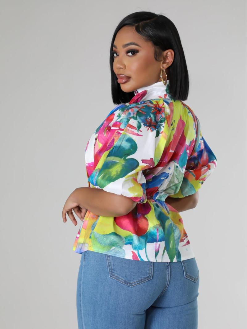 Product Introduction of Women's Floral Print Bow Design Blouse, Casual Top for Summer, Ladies Clothes for Daily Wear 2