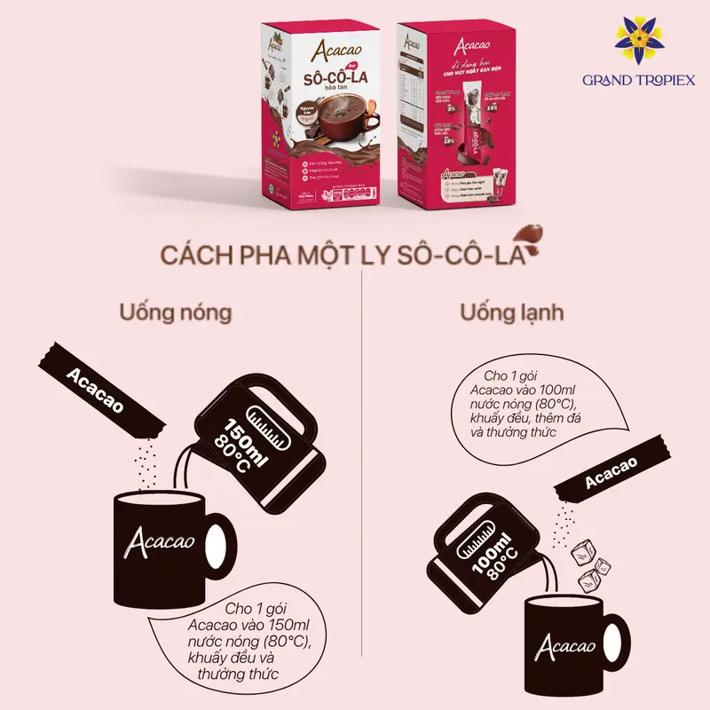 Bột Sô-cô-la Hòa Tan Vị Nguyên Bản Acacao Uống Liền, Bột Sô-cô-la Tiện Lợi - Túi 96g, Hộp 286g 1