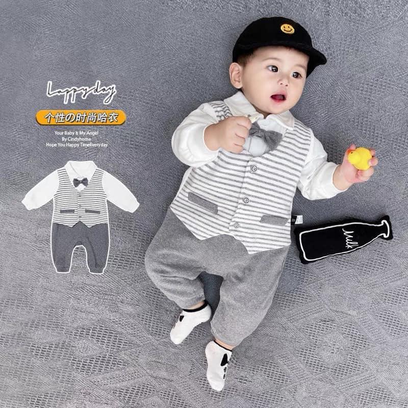   Nỉ Nhung  Bộ Bodysuit Dài Tay Babyshop88vn Cho Bé Trai Bé Gái M18.8.24-3 Jumpsuit Mẫu Công Tử Kẻ - Màu Nâu Ghi - Chất Zip Lông - Trẻ từ 1-12 Tháng Tuổi 