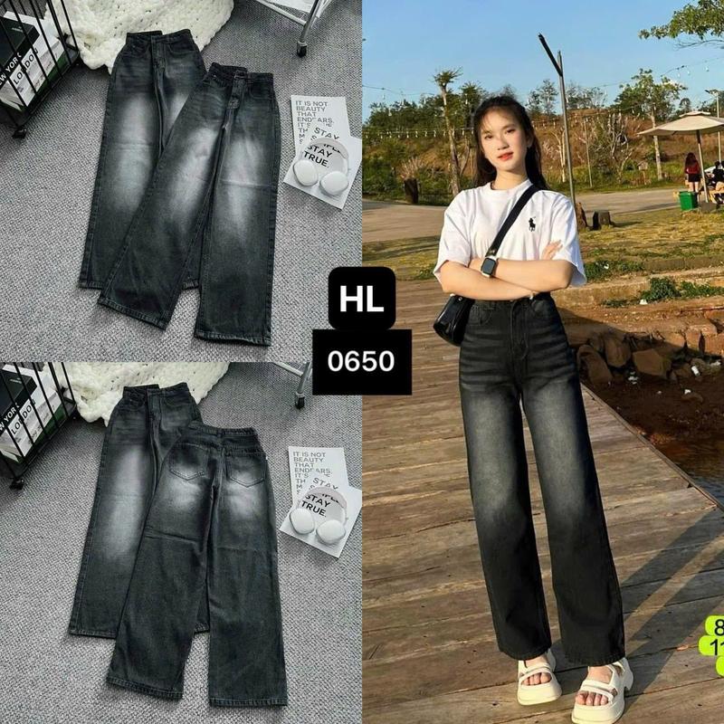 Quần Jean Nữ Ống Rộng Suông Dài 100cm Chất Bò Xám Khói Wash Râu Mèo Ngang Lưng Cao Nâng Mông V112 - Pants Women