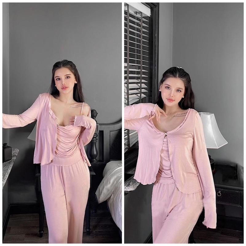 Set 3 món mặc nhà áo cổ đổ chất thun cotton lạnh ( áo có mút, quần có túi) mã #39 Nữ Quần Ngủ 0