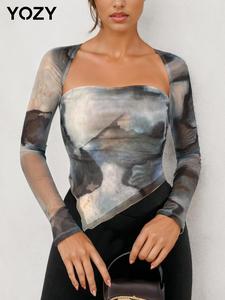 YOZY All Over Print Crop Tube Top & Sheer Raglan Sleeve Open Front Outerwear Set, Fashion Cozy Asymmetrical Hem Tube Top & Long Sleeve Outwear Set