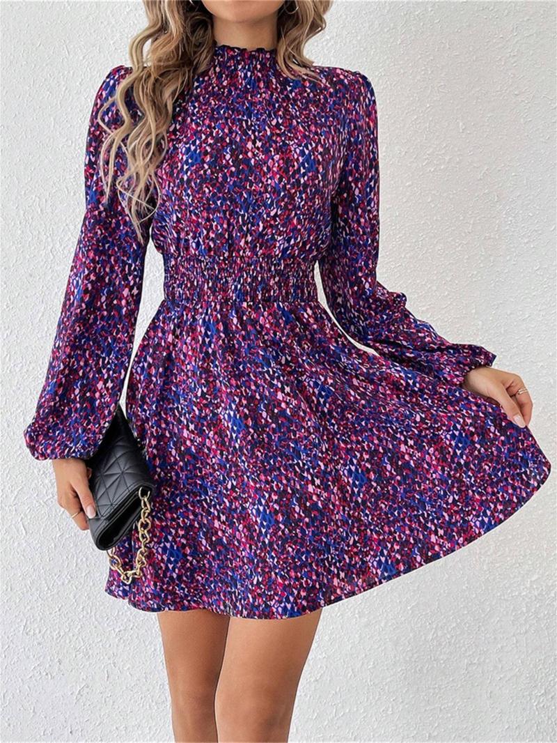 Product Introduction of Women's All Over Print Frill Trim Shirred Mock Neck A Line Dress, Elegant Bishop Sleeve Short Dress for Spring & Fall, Women's Clothing for Daily Wear 1