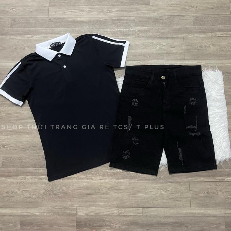 Bộ đồ gồm áo thun và quần short (Quần short jeans màu đen co giản thoải mái, rách   Phối với áo thun trắng, đen tay phối sọc, chất thun cá sấu co giản 4 chiều, thấm hút mồ hôi) size 45-75kg dành cho nam  Menswear Shirt