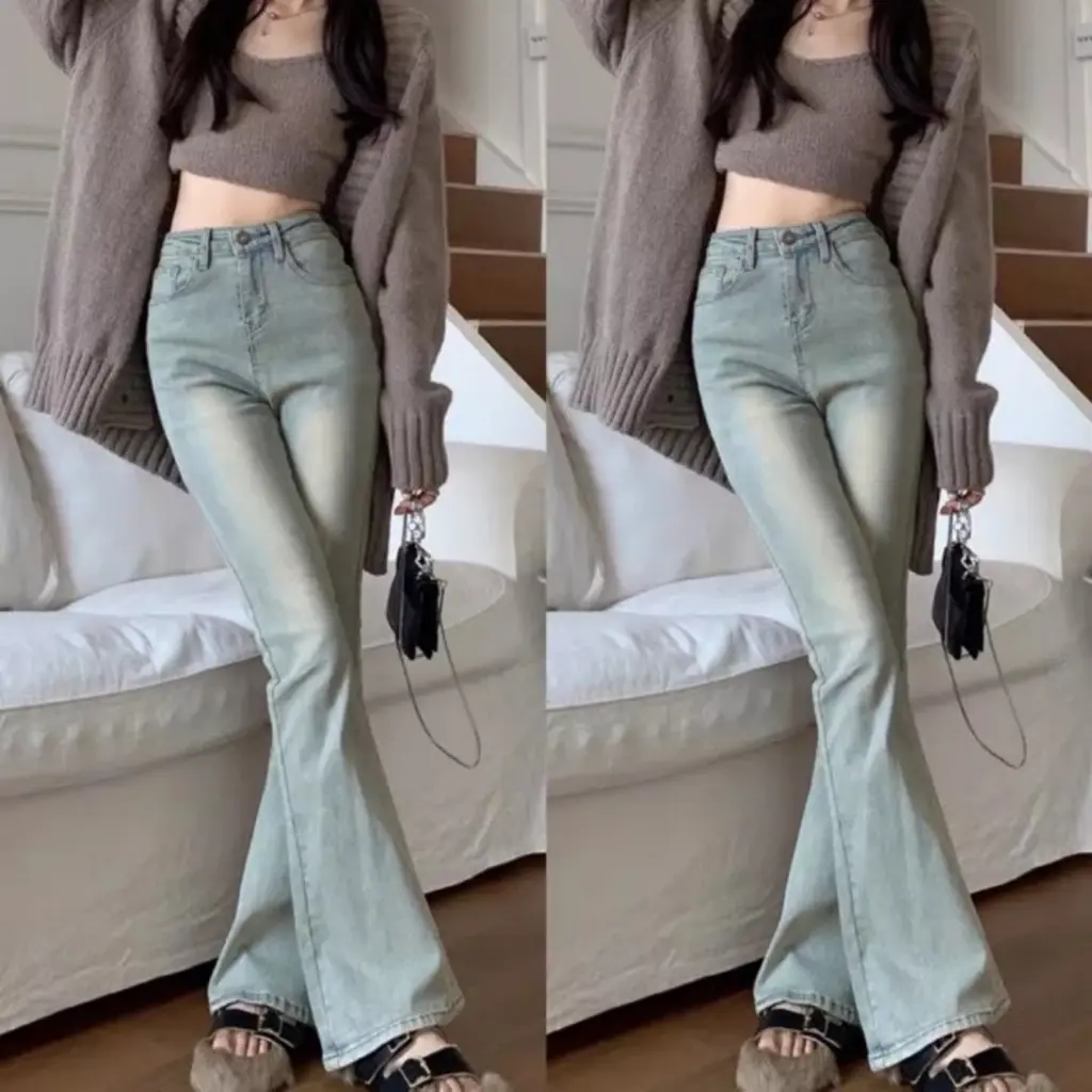 Quần bò jeans nữ co dãn ống loe , jeans co dãn 4 chiều xanh bạc 06 Women Pants Denim